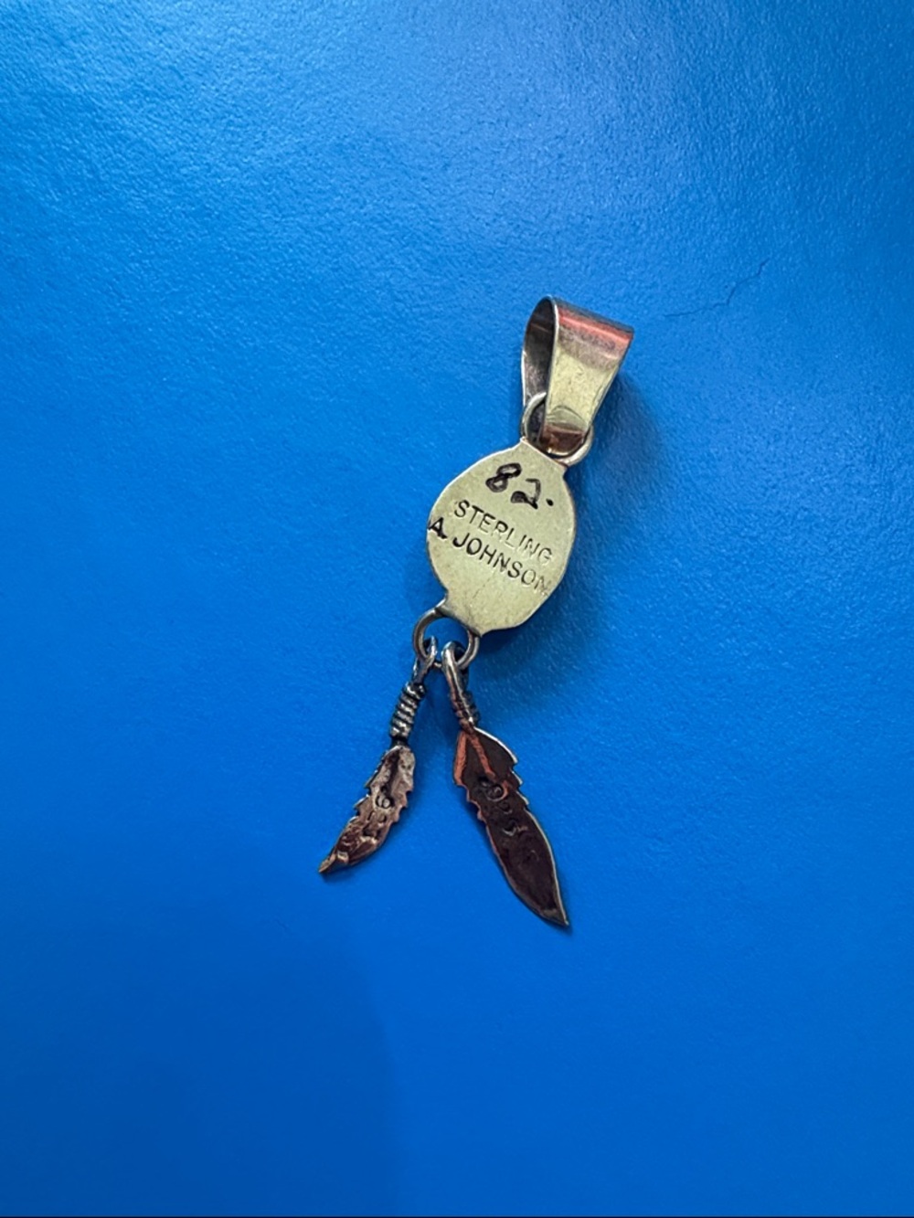 Navajo A. Johnson Made Sterling Silver & Turquoise Feather Pendant - Picture 2 of 5